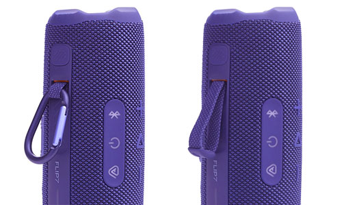 Gros plan sur les boutons et le mousqueton amovible PushLock de l'enceinte JBL Flip 7 violette