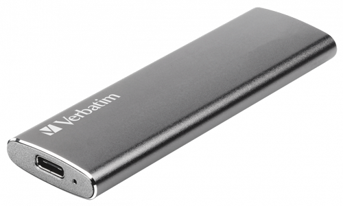 Vue produit du SSD externe Verbatim Vx500 avec boîtier gris sidéral en aluminium et port USB-C