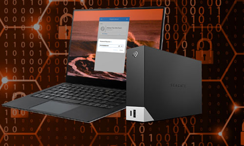 Seagate One Touch Hub 16 To connecté à un PC portable, avec fond illustrant la sécurité des données