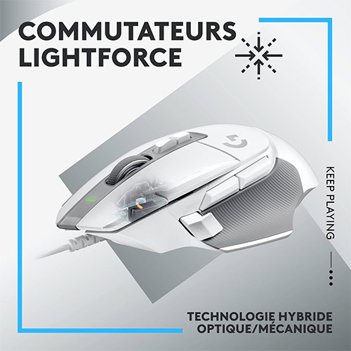 Souris gaming Logitech G502 X blanche avec commutateurs Lightforce hybrides optiques et mécaniques, vue latérale illustrant la technologie