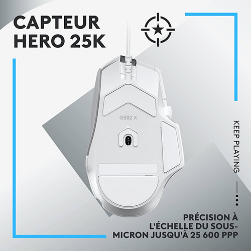 Souris gaming Logitech G502 X blanche vue de dessous, mettant en avant le capteur HERO 25K avec une précision allant jusqu'à 25 600 PPP