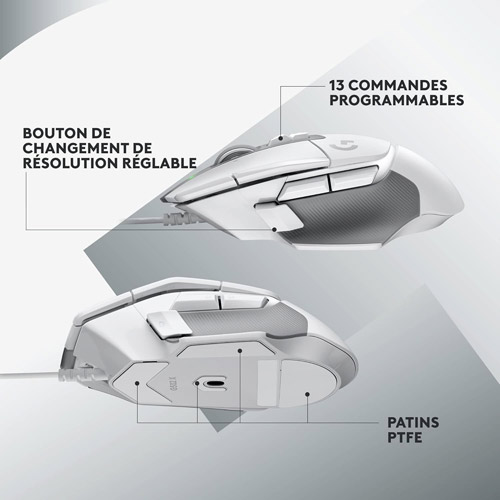 Vue latérale et inférieure de la souris Logitech G502 X blanche avec étiquettes indiquant les 13 boutons programmables, le bouton de réglage de résolution et les patins en PTFE.