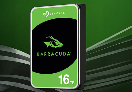Disque dur Seagate BarraCuda 3,5 pouces avec capacité de 16 To sur fond vert dynamique