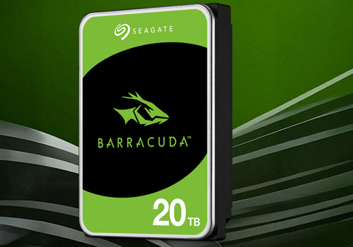 Disque dur Seagate BarraCuda 3,5 pouces avec capacité de 20 To sur fond vert dynamique