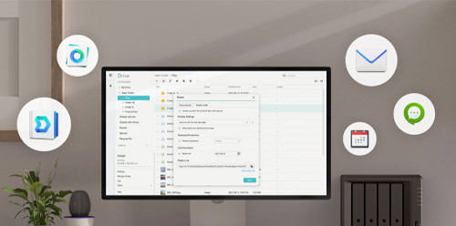Interface de gestion Synology Drive affichée sur un écran avec icônes d'applications collaboratives comme mail, chat, calendrier et partage de fichiers