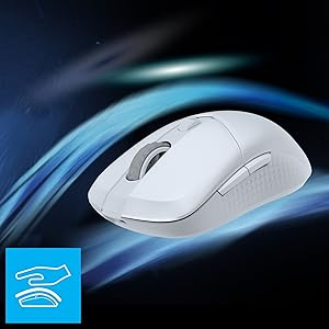 Souris gaming blanche vue de côté avec design ergonomique et ambidextre