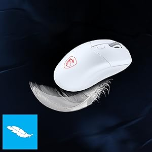 Souris MSI ultralégère flottant sur une plume, symbolisant sa légèreté