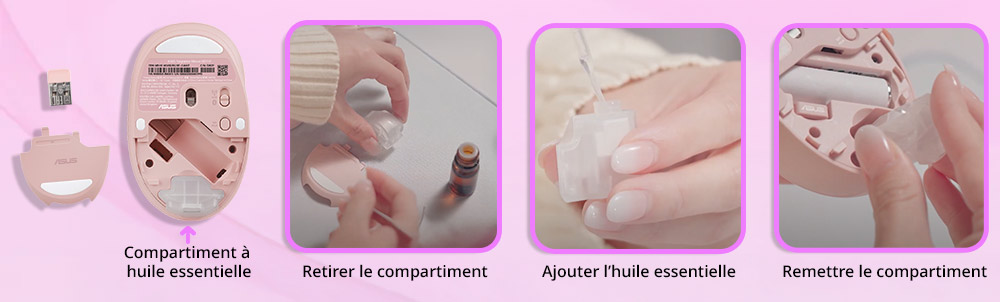 Étapes d'utilisation du diffuseur d'huile essentielle intégré à la souris ASUS MD101 : retirer le compartiment, ajouter l'huile essentielle, puis le replacer