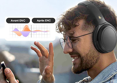 Homme portant le casque Edifier WH700NB en appel avec réduction de bruit ENC illustrée, assurant une clarté vocale même en environnement bruyant