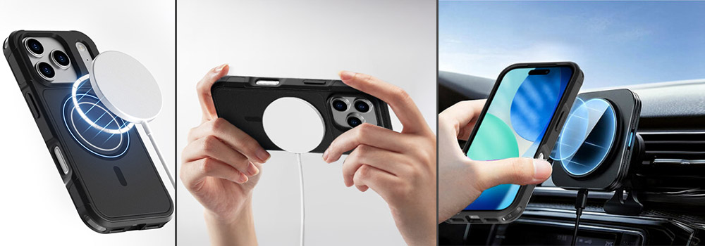 Coque iPhone 17 Pro Max compatible MagSafe avec charge sans fil et fixation sur support voiture