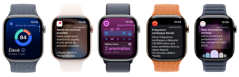 Montre connectée affichant plusieurs écrans de suivi santé : score de sommeil, apnée du sommeil, signes vitaux, fréquence cardiaque élevée et date d'ovulation estimée