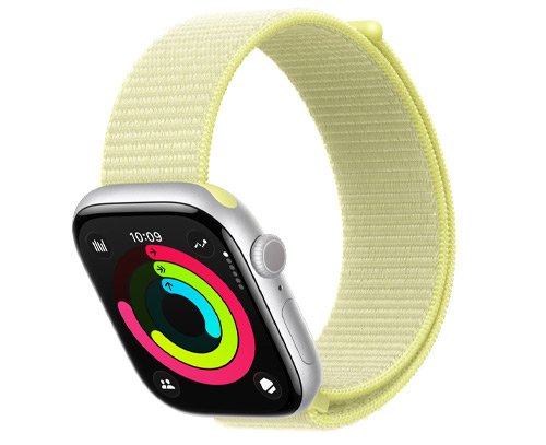 Montre connectée Apple Watch Series 11 avec boîtier argent et bracelet jaune fluo, affichant les anneaux d'activité sur l'écran.