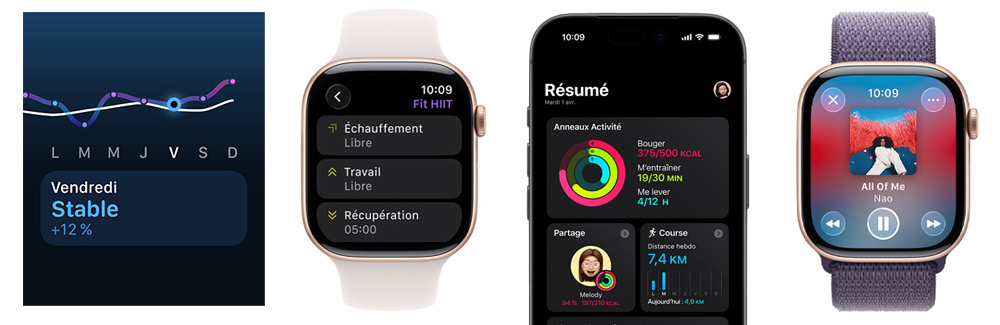 Écrans d'Apple Watch Series 11 et d'iPhone affichant les données d'activité, les entraînements Fit HIIT, la stabilité quotidienne et la lecture musicale