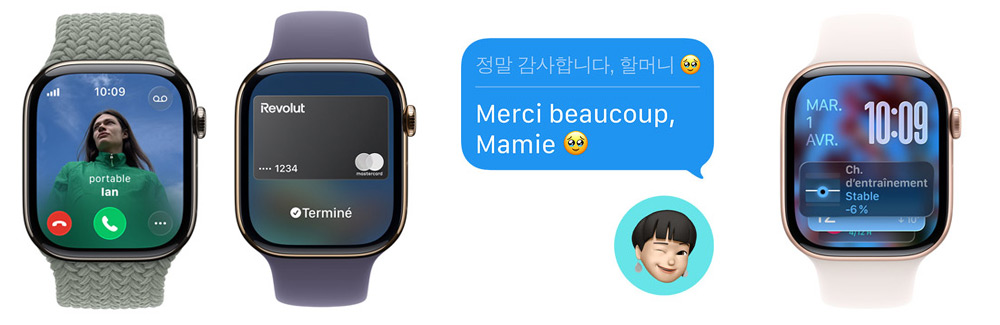 Écrans d'Apple Watch Series 11 affichant un appel vidéo, un paiement avec Revolut, un message traduit et un suivi de charge d'entraînement