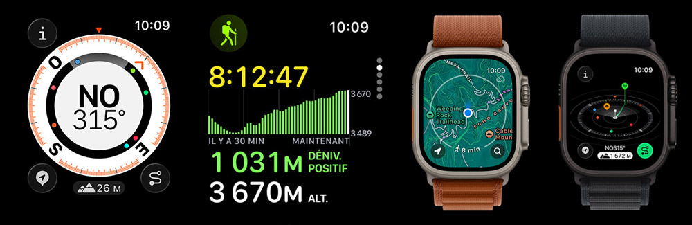 Apple Watch Ultra 3 affichant des vues de boussole, d'altitude, de dénivelé et de cartographie topographique pour la randonnée