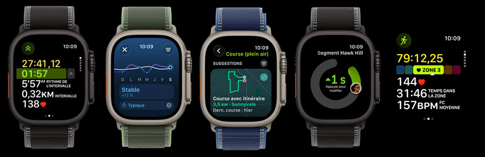 Plusieurs Apple Watch Ultra 3 affichant différentes interfaces d'entraînement, incluant rythme, itinéraires, segments et fréquence cardiaque