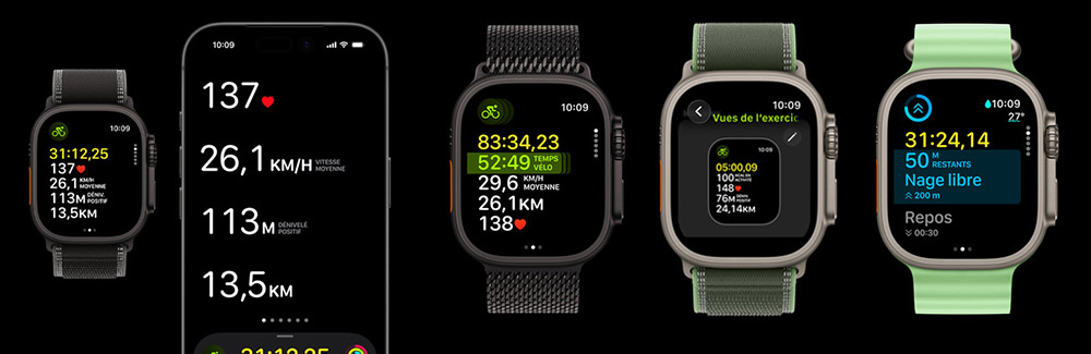 Apple Watch Ultra 3 et iPhone affichant des statistiques d'entraînement cycliste et de natation, incluant vitesse, distance, fréquence cardiaque et durée