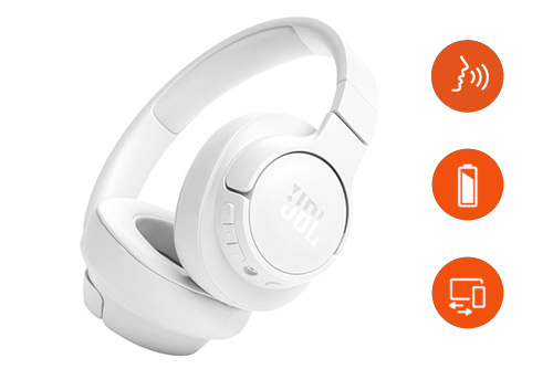 Casque JBL Tune 520BT blanc présenté avec icônes autonomie, appairage et commandes vocales