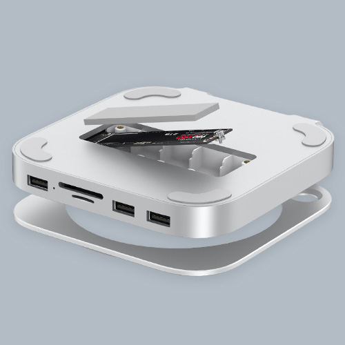 Station USB pour Mac Mini avec emplacement SSD M.2 interne et ports d'extension accessibles à l'avant