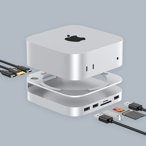 Station d'accueil modulaire pour Mac Mini avec ports USB, lecteurs de cartes et connectique complète illustrée