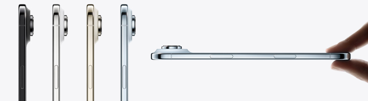 iPhone 17 Pro vu de profil dans différents coloris, mettant en avant son design fin et le module caméra arrière