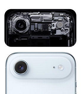 Vue interne et externe de l'appareil photo de l'iPhone 17 Air montrant le capteur et le design arrière en bleu clair
