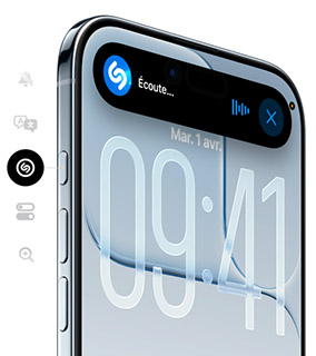 iPhone 17 Air affichant l'heure 09:41 et l'application Shazam dans Dynamic Island avec design bord à bord