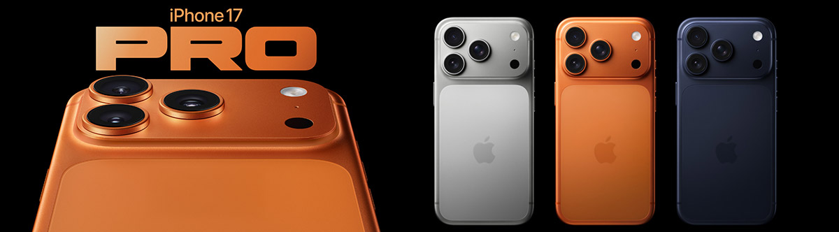 iPhone 17 Pro en présentation officielle avec trois coloris disponibles : argent, orange et bleu, et gros plan sur le module photo arrière