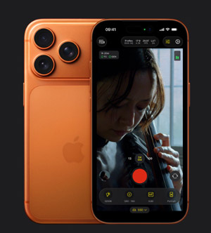 iPhone 17 Pro orange affichant l'application caméra en mode vidéo avec enregistrement en cours