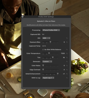 Interface d'édition vidéo ProRes RAW sur iPhone 17 Pro montrant les réglages avancés de capture et de colorimétrie