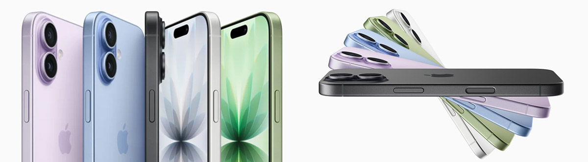 iPhone 17 décliné en plusieurs coloris (violet, bleu, vert, argent et noir) avec design raffiné, double appareil photo et écran Super Retina XDR