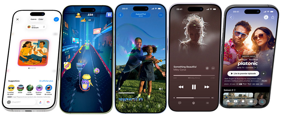 Écrans de l'iPhone 17 affichant différentes utilisations : création avec Apple Intelligence, jeu vidéo, capture vidéo, lecture musicale et streaming de série