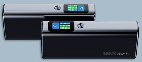 Deux batteries externes 20 000 mAh côte à côte, affichant leur écran OLED