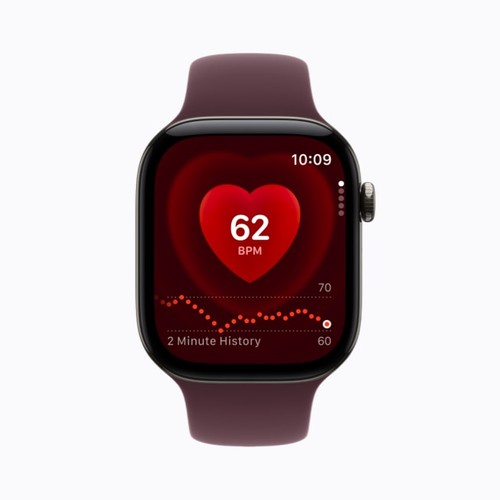 Apple Watch Series 12, écran Retina toujours activé affichant l'app Fréquence cardiaque