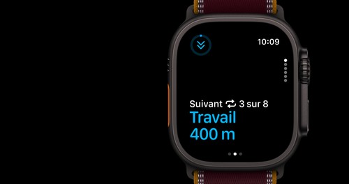 Apple Watch Ultra 4, bouton Action et vue d'entraînement fractionné