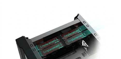 Illustration des quatre emplacements SSD M.2 NVMe du NAS Asustor