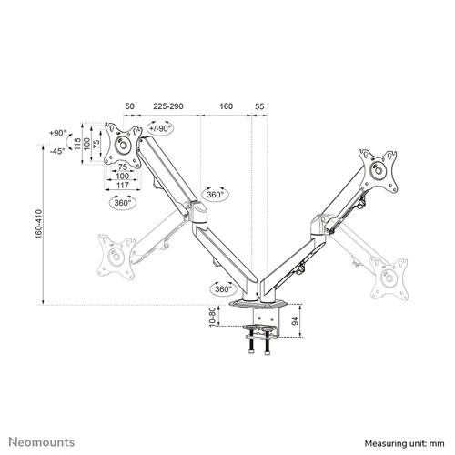 Schéma des dimensions et amplitudes du bras Neomounts DS70-700BL2