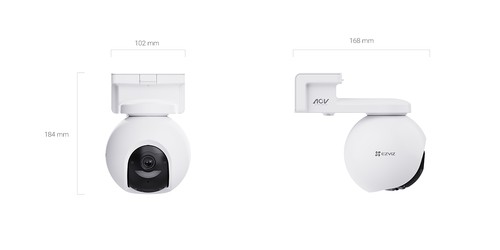 Dimensions de la caméra EZVIZ HB8 Pro : 102 mm de large, 184 mm de haut, 168 mm de profondeur