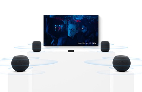 Configuration son surround avec quatre HomePod mini 2 et Apple TV 4K pour une expérience cinéma