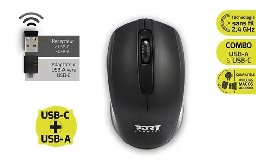 Souris PORT Connect avec récepteur USB-A et adaptateur USB-C