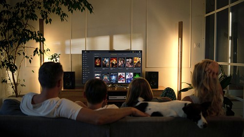 Famille regardant une bibliothèque multimédia avec Plex