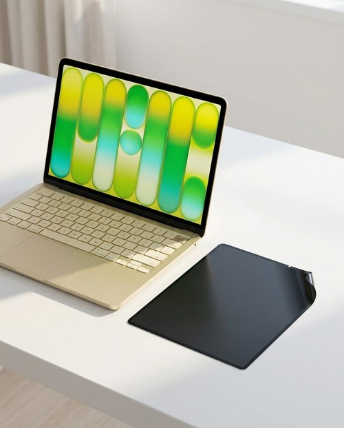 Filtre de confidentialité PanzerGlass posé sur un bureau minimaliste à côté d'un MacBook