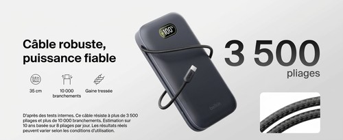 Infographie Belkin du câble USB-C tressé intégré et de sa résistance