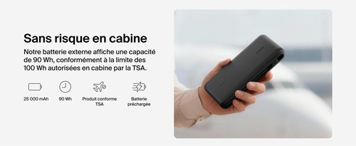 Infographie Belkin : conformité cabine TSA, 90 Wh, 25 000 mAh, batterie préchargée