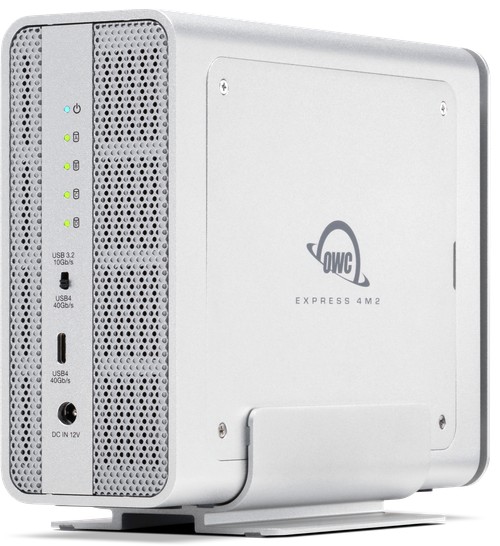 Connectique arrière du boîtier OWC Express 4M2 : port USB4 40 Gb/s, alimentation et indicateurs LED