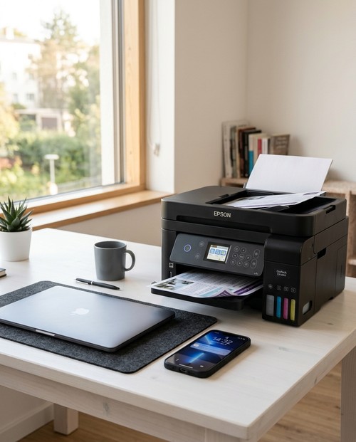 Imprimante Epson EcoTank ET-4900 sur un bureau avec ordinateur portable et smartphone