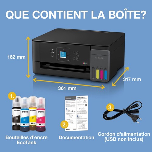 Contenu de la boîte et dimensions de l'imprimante Epson EcoTank ET-2920