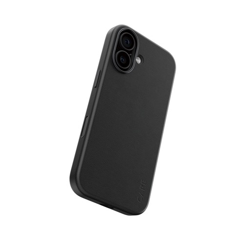 Coque PanzerGlass Care Solo noire vue de dos en angle 3/4, texture cuir vegan