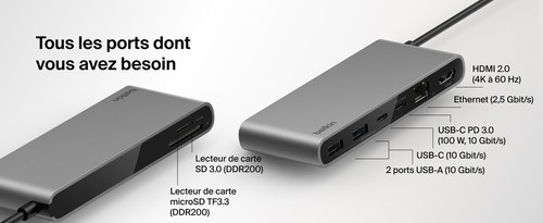 Ports du hub USB-C Belkin Connect à 8 ports
