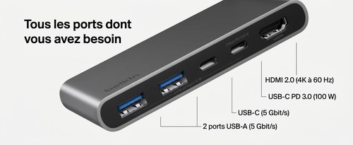 Ports USB-A, USB-C, HDMI et recharge 100 W du hub Belkin Connect